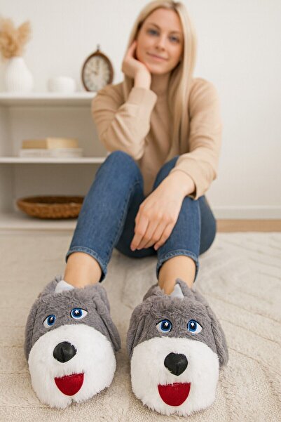 Adeyo Köpek Figürlü Peluş Panduf Ev Pandufu Unisex Köpekli Panduf