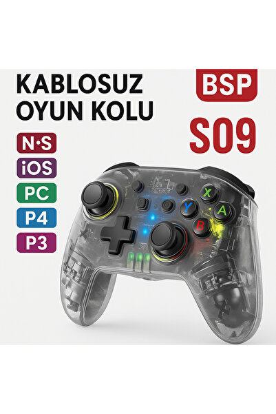 qasul Kablosuz Oyun Kolu PC, PS3, PS4, iOS Uyumlu LED Işıklı Şeffaf Tasarım T...