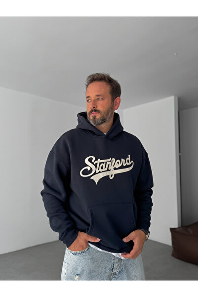 BYBASICMAN Lacivert Stanford Baskılı Kapüşonlu Sweatshirt PM-08
