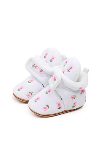 Bebelul Baby booties, white, with floral embroidery and soft padded interior