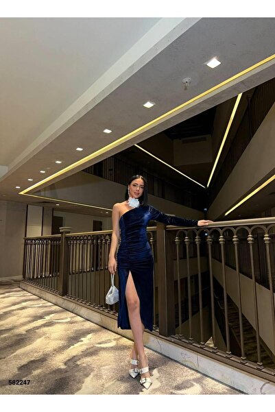 Modafeminen Rochie midi cu mânecă unică, cu decolteu asimetric, cu fante, roc...