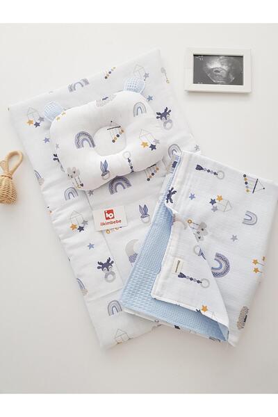 ilkimbebe Bulut Desen Pike-Müslin Bebek Battaniyeli 3lü Alt Açma Seti