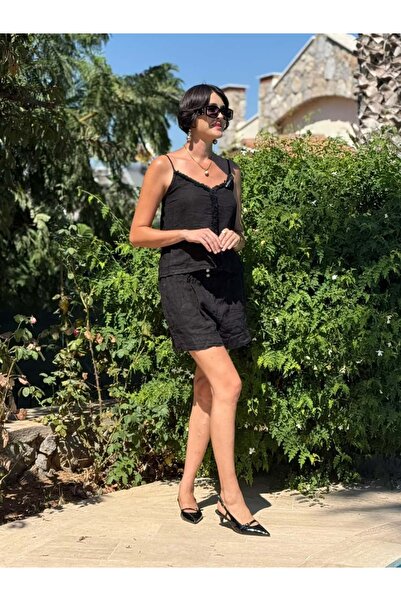 Punta Otantik Nc3159 Front Tassel Linen Italian Shorts Suit Black