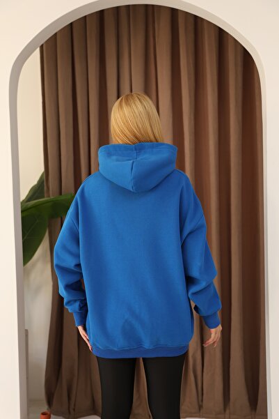 TİENDEROPA Kadın Oversize 3 İplik Şardonlu Kışlık Kapüşonlu Kanguru Cepli Sweatshirt