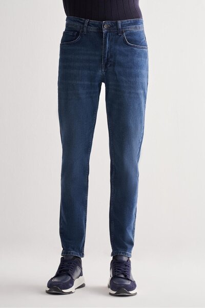 İmza Dark Navy Gabardine 5 Pocket Straight Leg Casual Slim Fit Cotton Denim Trousers 1023255151
