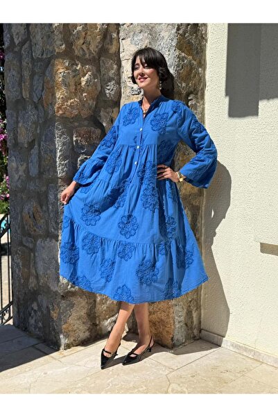 Punta Otantik PT54830 Önden Düğmeli Brodeli Hakim Yaka Coton İtalyan Elbise Saks