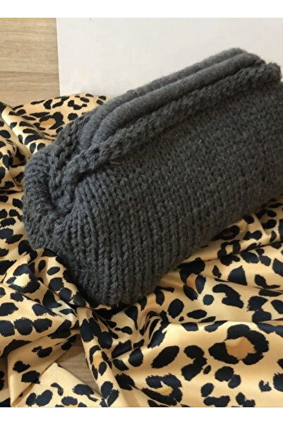 By G Tasarım Gri Yün İp Örgü Gizli Burslu Clutch Çanta