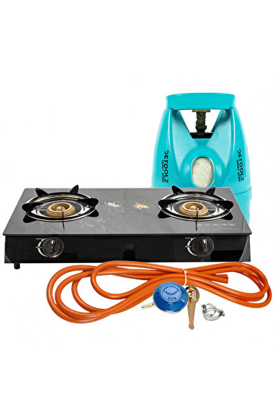 Anne Aragaz din sticla securizata, 2 ochiuri, aprindere pe quartz + Kit reglabil gpl RH-10 + Tub flex 2M+