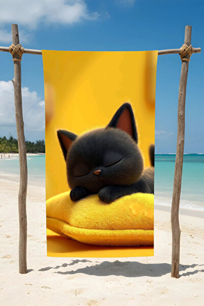 BETHA منشفة شاطئ قطنية من UYUYAN SEVİMLİ KEDİ – تصميم منقوش – 75x150 سم