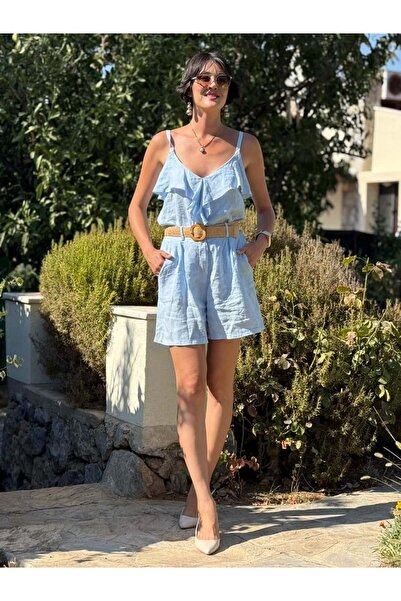 Punta Otantik Nc31621 Ruffled Front Linen Italian Shorts Set Baby Blue