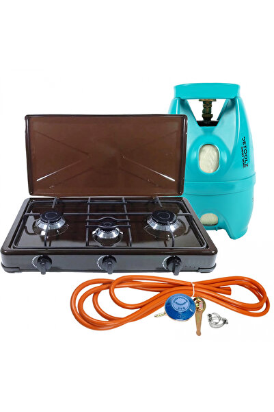 MXM Aragaz emailat maro, 3 arzătoare + kit GPL reglabil RH-10 + tub flexibil 2M + 2 cleme + butelie 5L