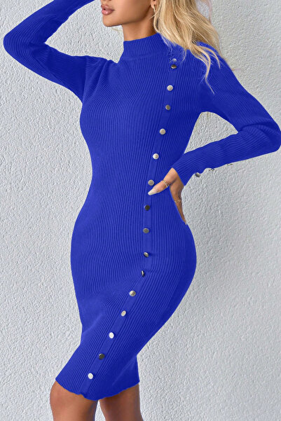 H&E LUXURY DESIGN Kadın Yarım Balıkçı Yaka Düğme Detaylı Triko Elbise