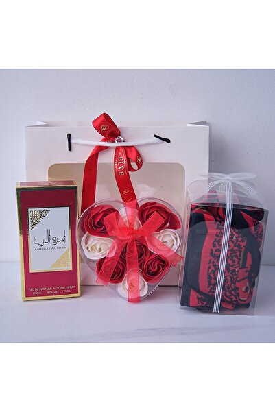velve Set Arabian Love, cu parfum Ameerat Al Arab 50ml, inima cu trandafiri de sapun,esarfa satinata, Rosu