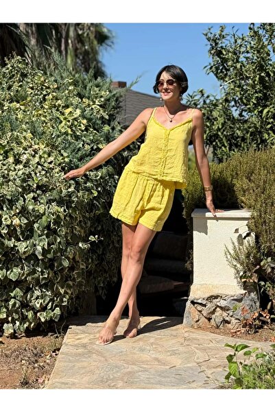 Punta Otantik Nc3159 Front Tassel Linen Italian Shorts Suit Yellow