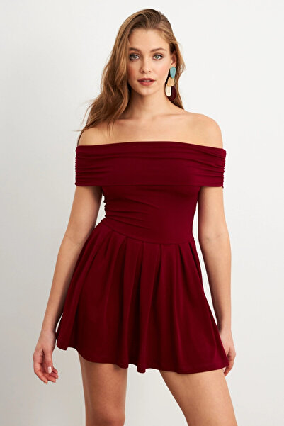 Cool & Sexy Kadın Bordo Madonna Yaka Midi Elbise MON1262-1