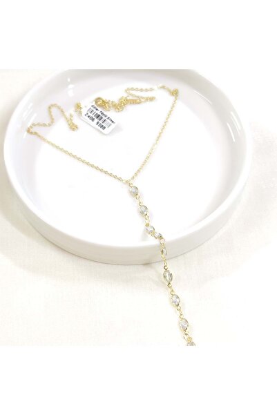 Güler Yüzlü Silver Steel Oval Stone Y Necklace Chain Gold 40+5 cm