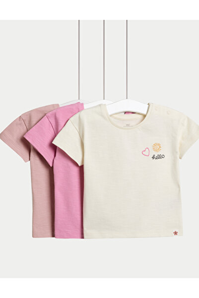 Marks & Spencer 3’lü Paket Saf Pamuklu Jersey Nakışlı Tişört (0–3 Yaş)