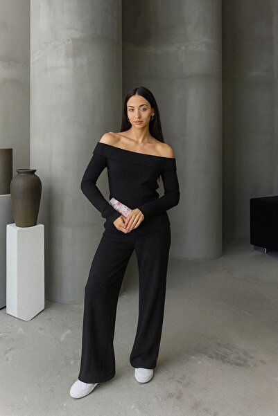 LOUİSA Kadın Siyah Fitilli Örme Kumaş Madonna Yaka Alt-Üst Pantolon Takım