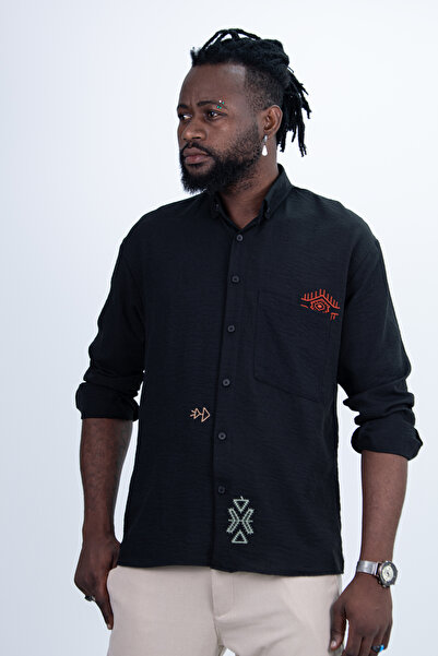 Das Uniform Embroidered Oversize Flowy Men's Shirt Black
