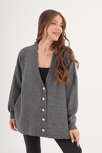 Hipo Trend Cardigan clasic din tricotaje antracit supradimensionat cu detaliu...