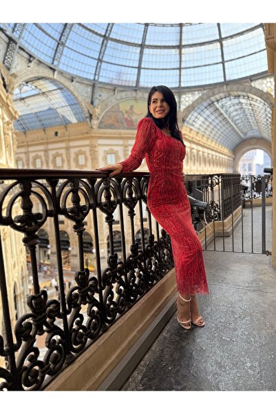 RAMONA BADESCU EXCLUSIVE Rochie rosie eleganta lunga din paiete