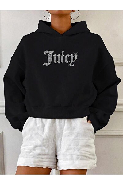 BRZ COLLECTION Volná mikina s kapucí a potiskem kamene, střih Juicy Crop, černá