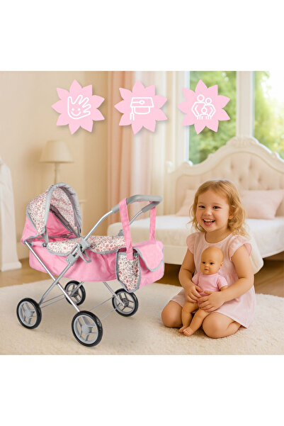 MalPlay Set Carucior de papusi pentru copii Malplay, pliabil, cu landou, roti din spuma, dimensiune 35.5 x 5