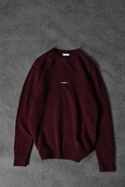 Slatra Ανδρικό πουλόβερ με λαιμόκοψη με κέντημα από μάλλινο μείγμα μπορντό Silence