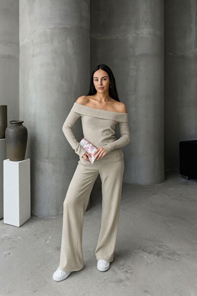 LOUİSA Women's Beige Ribbed Knitted Fabric Madonna Collar Top and Bottom Pants Set