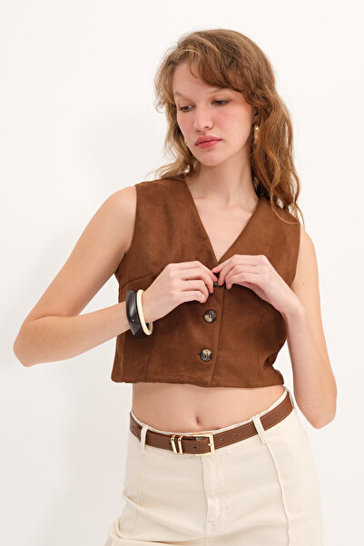 Addax Düğmeli Süet Yelek Y17548