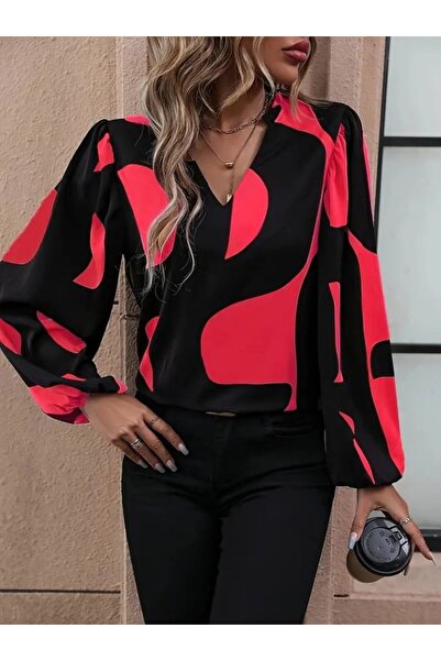 Meleners Women's Long Sleeve V-Neck Patterned Modal Blouse