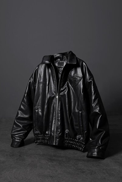 Slatra Мъжка черна кожена яке с бродерия и подплата Fortime