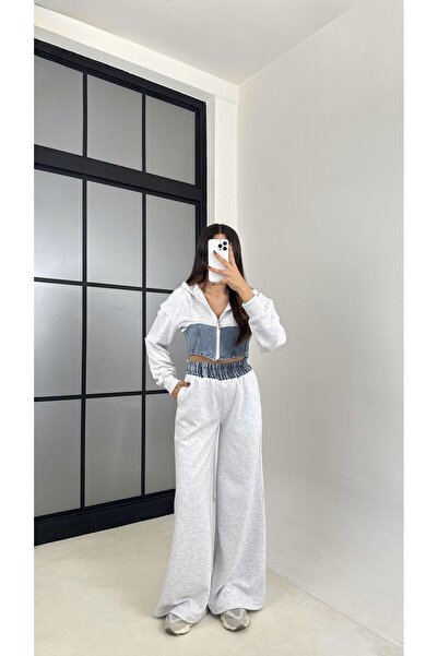 Gaus Gray Denim Detailed Hooded Cardigan Elastic Waist Trousers Design Set Gaus-00444