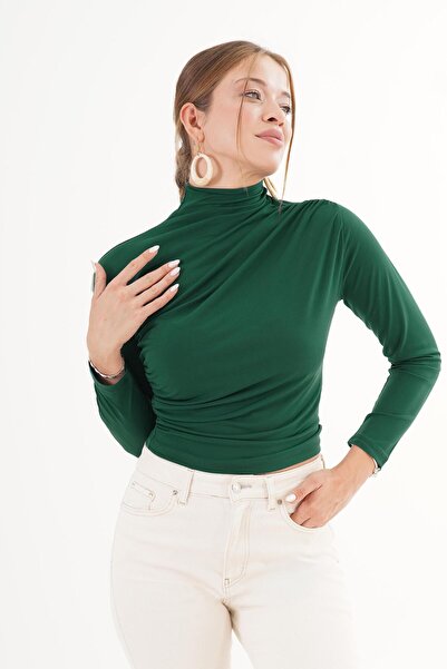 Hipo Trend λεπτομέρεια με σούρες ψηλός λαιμός Μπλούζα Emerald Green Sandy