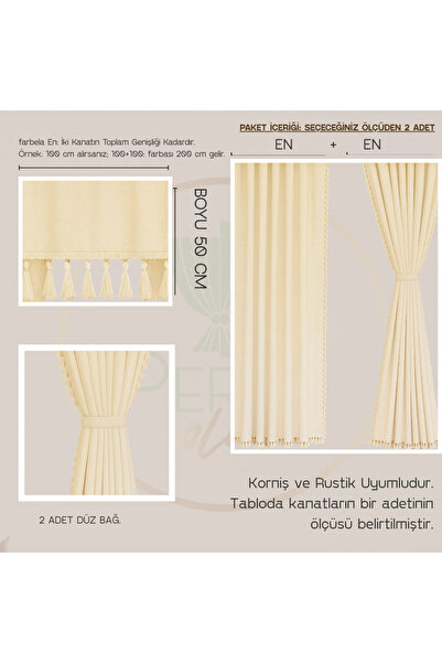 Perdeplus Tasseled, Colored Curtain Set – Set of 3, Rustic & Cornice Compatible