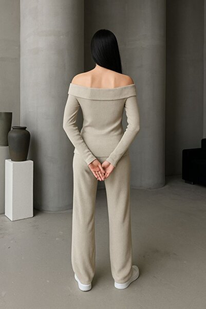 LOUİSA Women's Beige Ribbed Knitted Fabric Madonna Collar Top and Bottom Pants Set