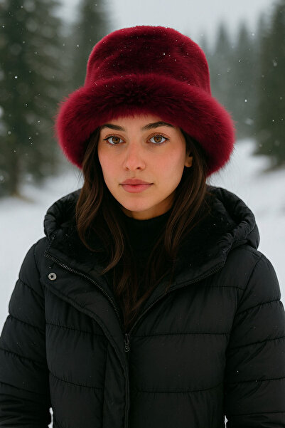 Neşeli Butik Women's Burgundy Plush Kalpak Hat Nbaks001