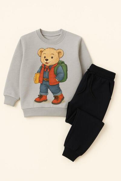 Katia&Bony Children's Teddy Printed Tracksuit Set Gray