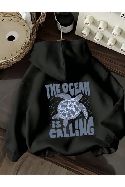 FUFLUNS THE OCEAN İS CALLİNG BASKILI OVERSİZE UNISEX KAPÜŞONLU SWEATSHİRT