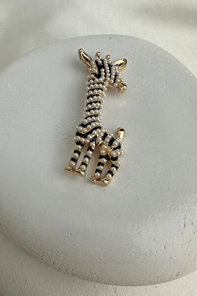 Modex Altın Rengi İnci Detay Siyah Mineli Zürafa Broş (6cm)