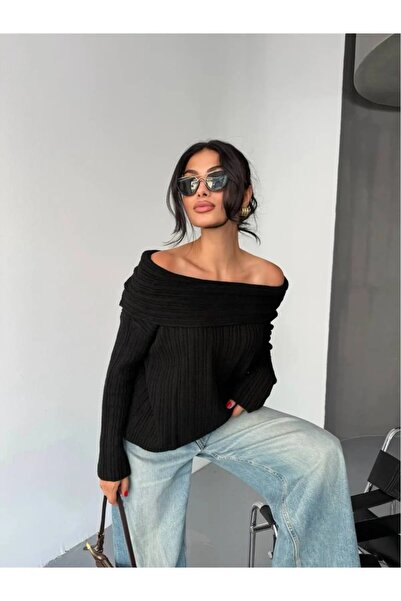 Cemre Life Pulover tricotat cu guler Madonna oversize pentru femei