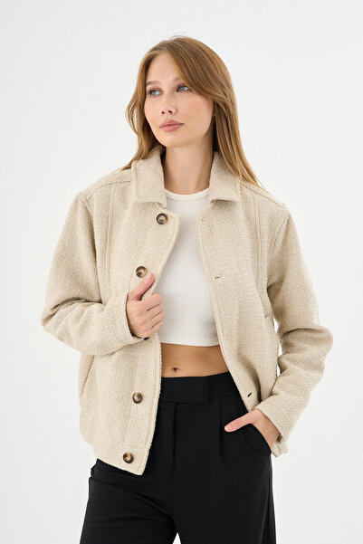 Danger Γυναικείο Μπουφάν Τεχνικό Υφασμάτινο Σχέδιο Oversize Εκρού