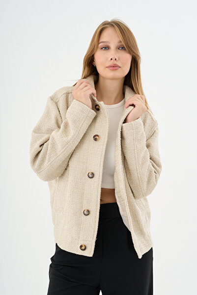 Danger Γυναικείο Μπουφάν Τεχνικό Υφασμάτινο Σχέδιο Oversize Εκρού