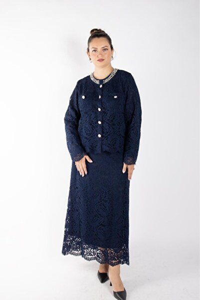 Bedrinxxl Kadın Büyük Beden Dantel Güpür Ceket Etek Lacivert Bluz Üçlü Takım ...