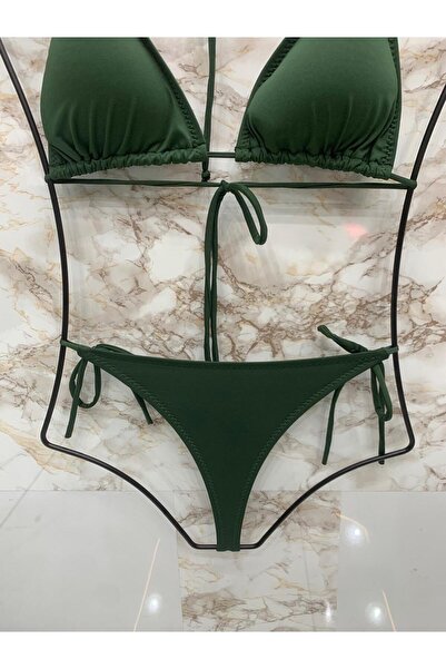 Genel Markalar Kadın Haki Likralı String Yandan Ve Boyundan Bağlama İpli Tanga Bikini Takım