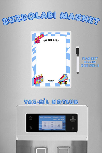 The Grade Yaz Sil Retro Temalı Mavi To Do List Magnetli Buzdolabı Notluk Eksi...