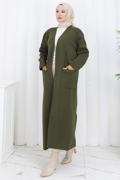 hafsamina Ατσάλινο πλεκτό μακρύ πλεκτό ζακέτα χακί HM2838