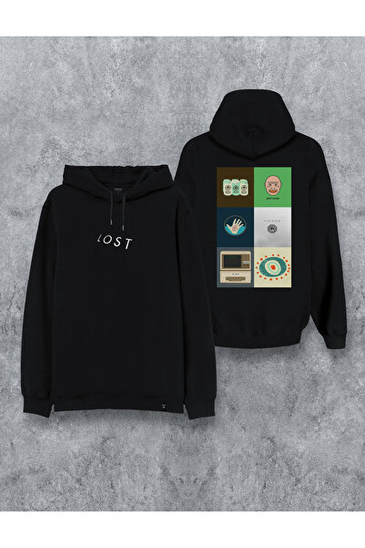 MODA Lost Dizi cu imprimeu Hanorac negru cu glugă Swea tricou Hanorac cu glugă