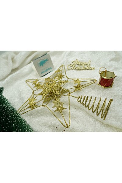 Flippy Varf decorativ de brad, Auriu, in forma de Stea, design de stele, Plastic/Metal, 25x27 cm,