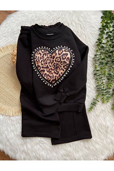 KOKOŞ BEBEK Leopard Heart Black Girls' Tracksuit Set – 31491 - Age 3/10